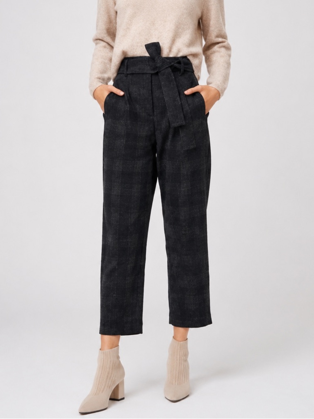 Aritzia Wilfred Grey & Black Wool Cashmere Tie-Front Pant